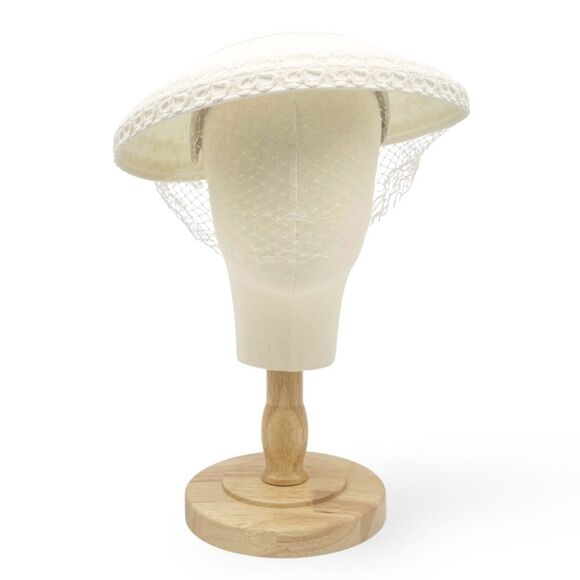 Vintage 1950s Ivory Mushroom Hat Daisy Lace Trim & Net Veil Bridal Cocktail - Picture 3 of 14